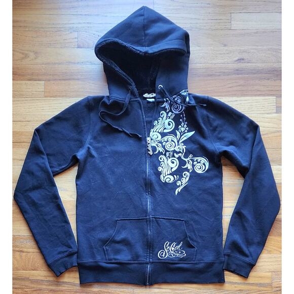 Vintage Y2K SoCal Hoodie Women’s Black Goth Grunge Full Zip Size Large Fur Hood - Picture 1 of 12